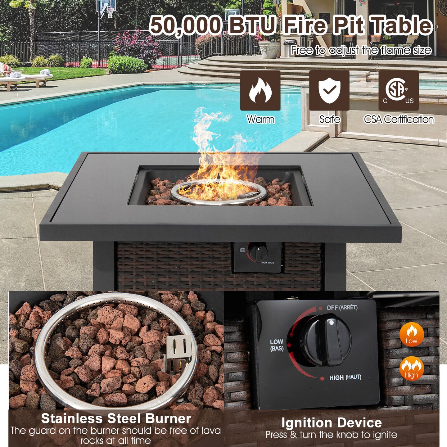 32 Inch Square Propane Fire Pit Table with Lava Rocks Cover