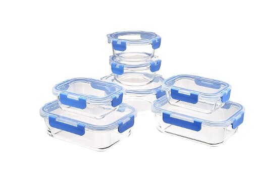 Glass Food Storage Container with BPA-Free Locking Lid - Clear with blue silicone ring, 14 piece set