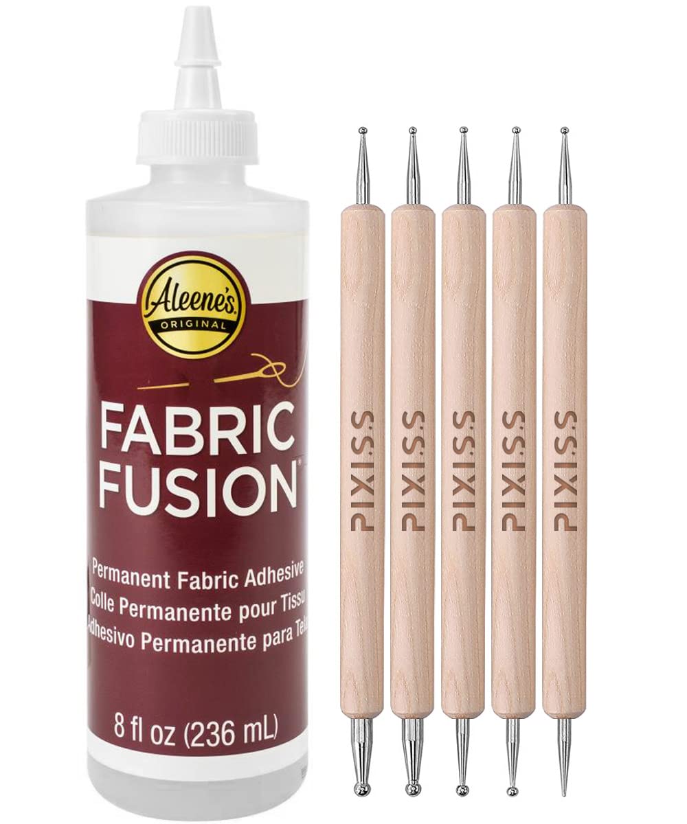 Fabric Fusion Fabric Glue Permanent Clear Washable 8oz for Patches, Rug Glue, Clothing Glue, No Sew Fabric Glue with Pixiss Art Dotting Stylus Pens 5 pcs Set