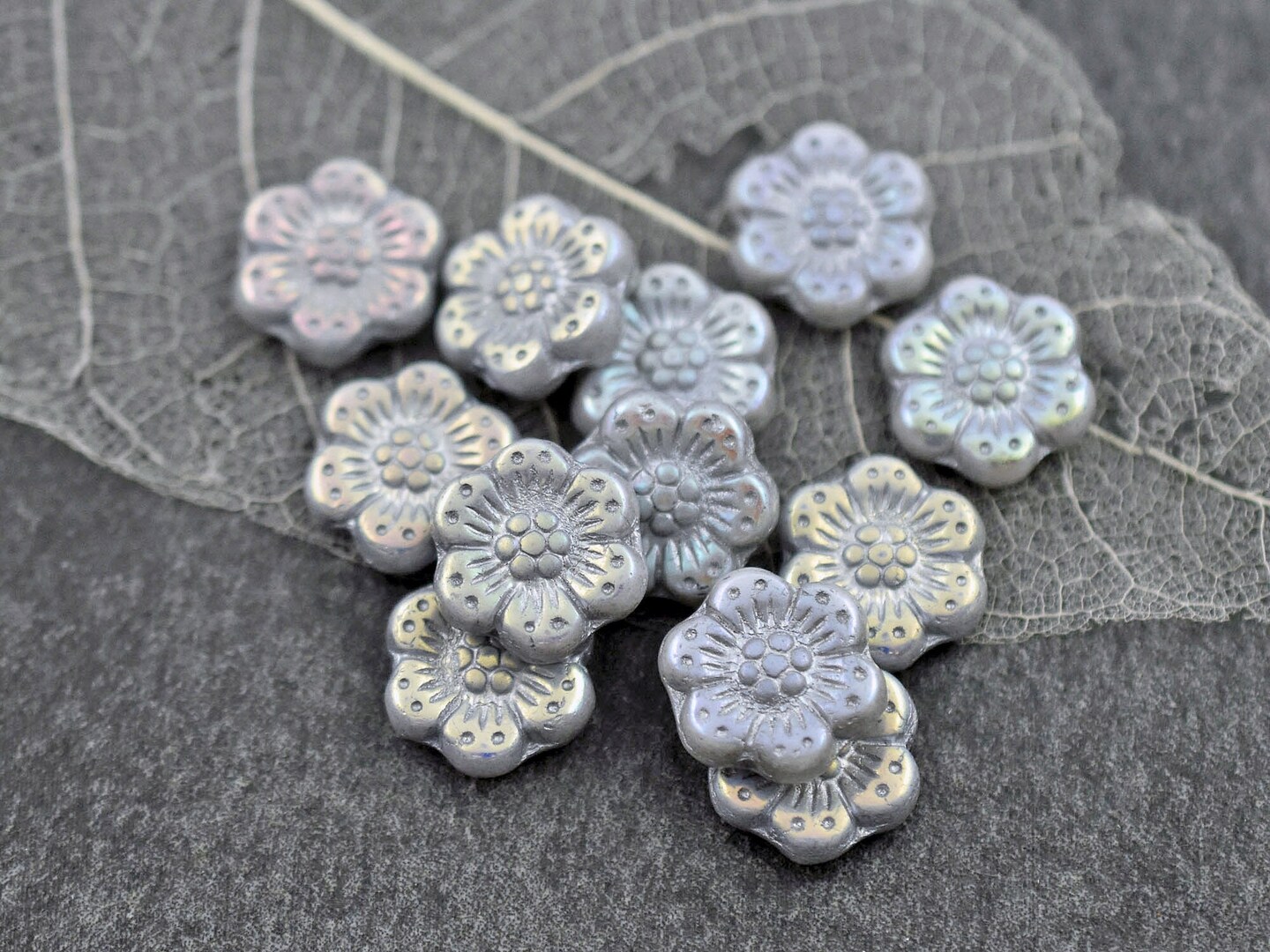 *12* 14mm Grey Washed Opaque Grey AB Wildflower Beads