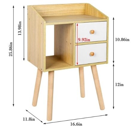 Bedside Table with Drawers, Nightstand Mid-Century Modern Nightstand with Solid Wood Legs and Open Storage Compartment:Natural Small End Table Side Table for Bedroom
