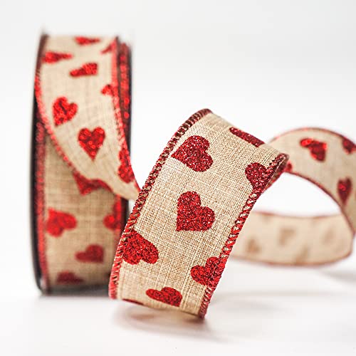 1.5&#x22; x 20 Yards x 1 Roll Faux Jute with Red Glitter Heart Wired Ribbon for Home Decor, Gift Wrapping, DIY Crafts