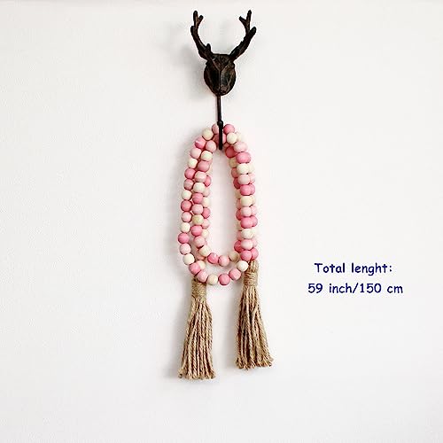 Wood Beads Garland with Tassels Farmhouse Rustic Wooden Prayer Bead String Wall Hanging Accent for Home Festival Decor. Pink Mix Distressed