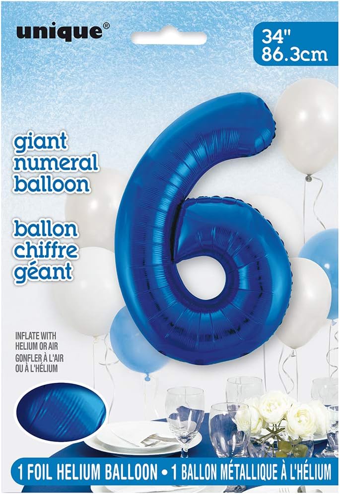 Blue Number 6 Shaped Foil Balloons - 34&#x22; (Pack Of 5) - Premium Quality Party Decorations For Birthdays, Anniversaries &#x26; Special Celebrations