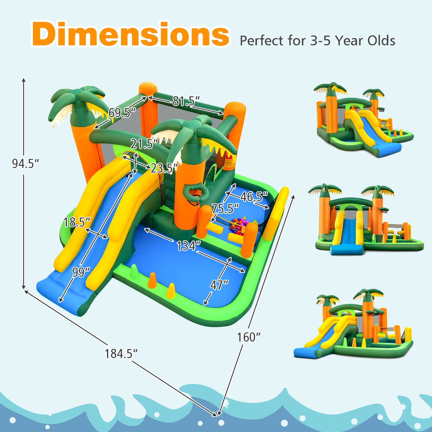 8-in-1 Tropical Inflatable Bounce Castle with 2 Ball Pits Slide and Tunnel