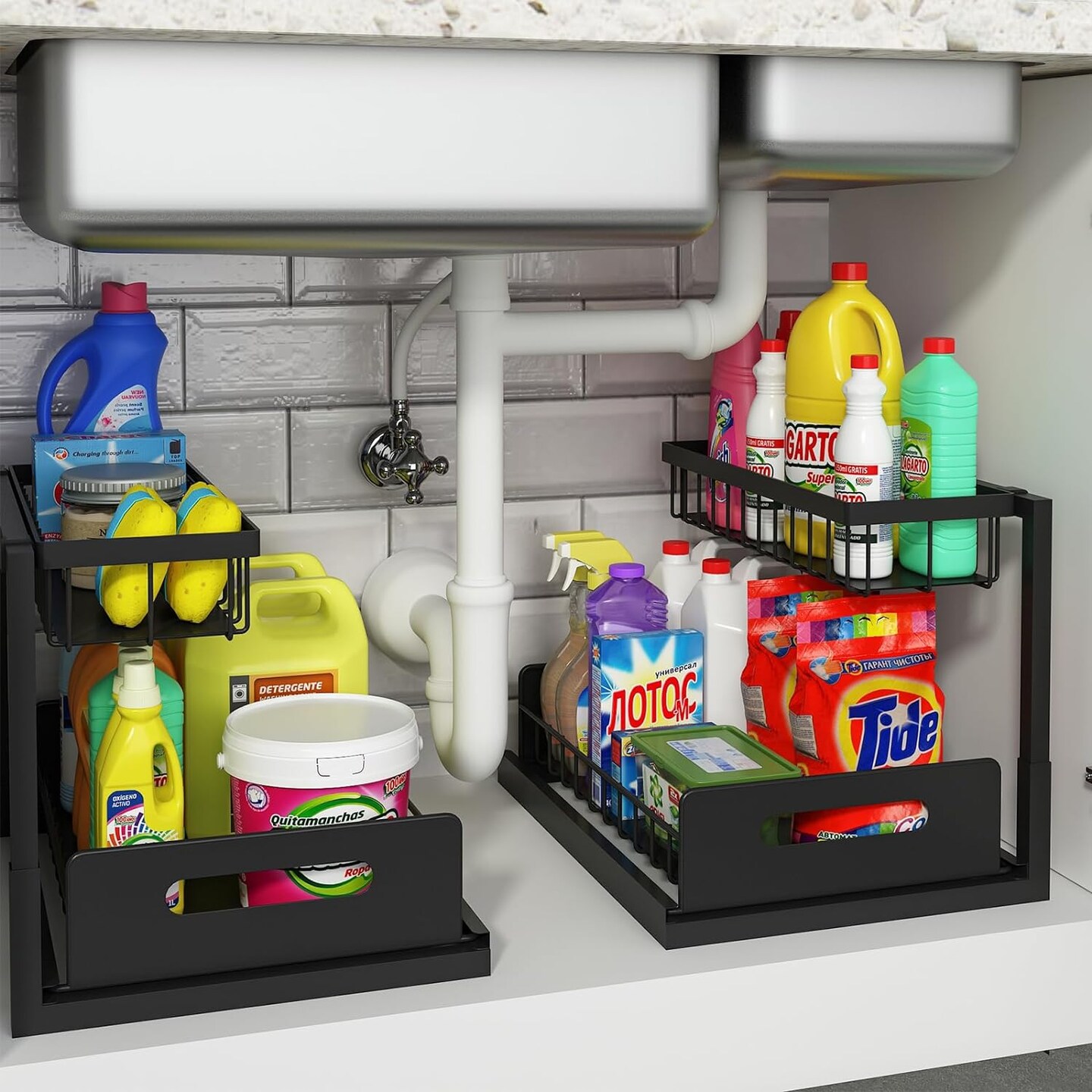 Pull store Out Cabinet Organizer, Under Sink Slide Out Storage Shelf with 2 Tier Slidi