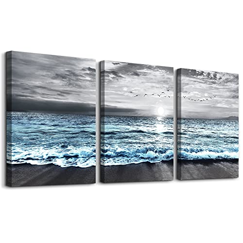 Wall Decorations For Living Room 3 Piece Framed Canvas Wall Art For Bedroom Office Wall Decor Black And White Wall Painting Blue Ocean Sea Wave Pictures Artwork For Modern Beach Posters Home Decor