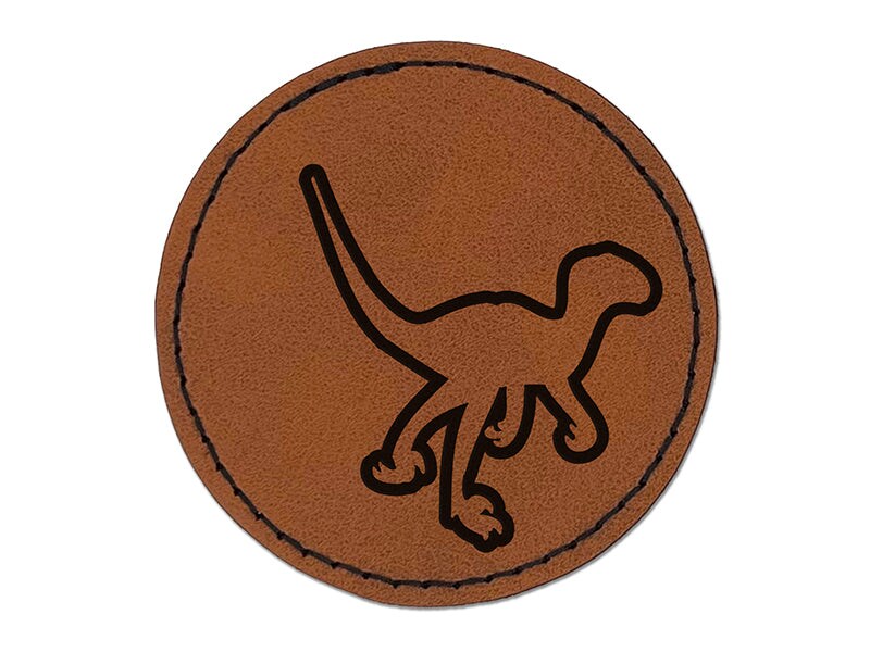 Velociraptor Dinosaur Outline Round Iron-On Engraved Faux Leather Patch Applique - 2.5&#x22;