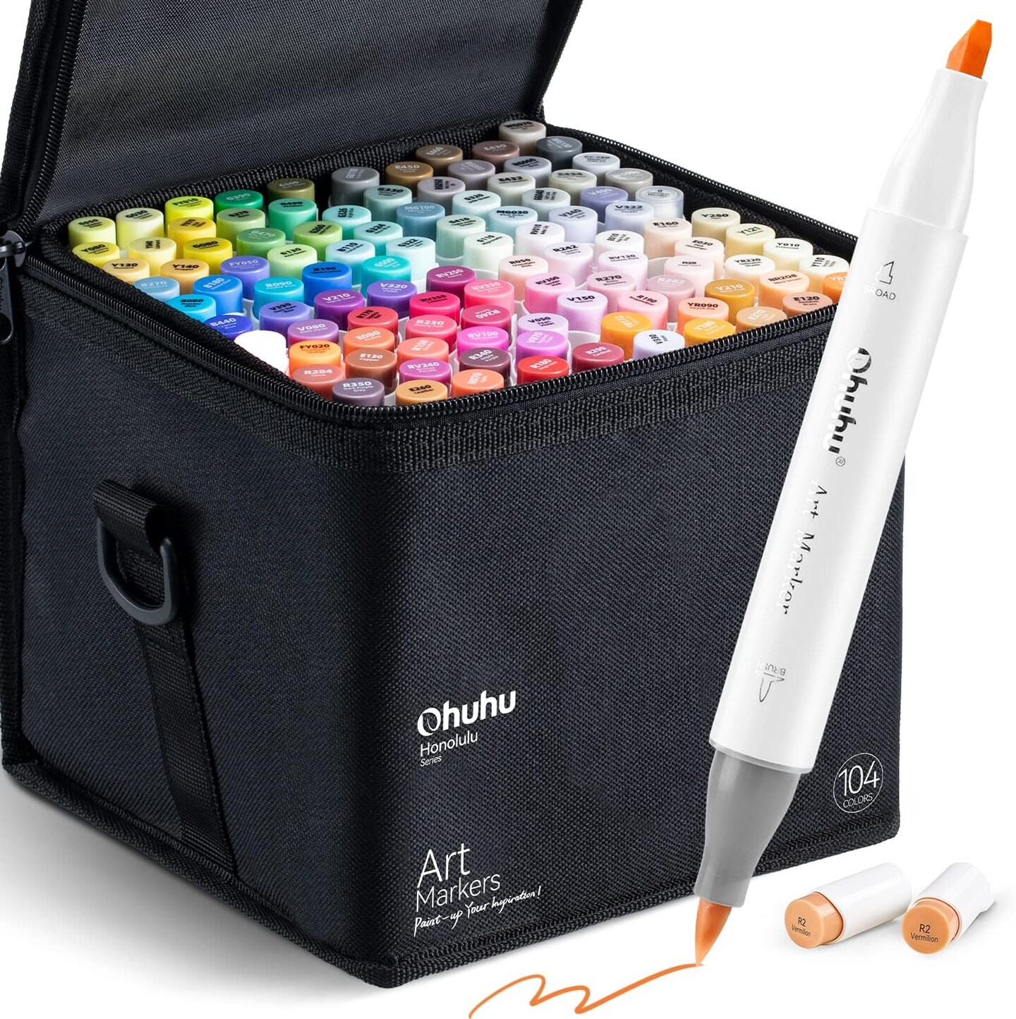 Ohuhu Alcohol Markers Brush Tip- 104-color Double Tipped Alcohol Based Art Marker Set for Artists Adults Coloring Illustration- Honolulu of Ohuhu Markers- Dual Tip Brush &#x26; Chisel- Refillable