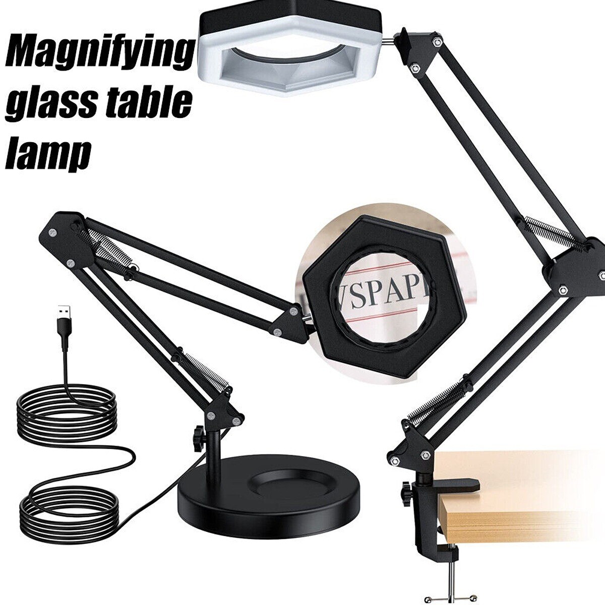 Reading Magnifying Glass Desk Light with Base and Clamp
