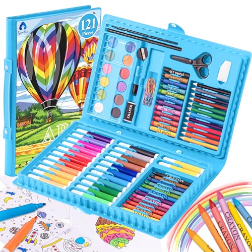 Art Kit, Drawing Painting Art Supplies for Kids Girls Boys Teens, Gifts Art Set Case Includes Oil Pastels, Crayons, Colored Pencils, Watercolor Cakes (Blue)