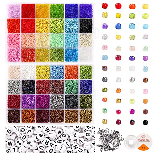 35000 pieces 2mm Glass Seed Beads for Jewelry Making Kit, 250pcs Alphabet Letter Beads, Tiny Beads Set for Bracelets Making, DIY, Art and Craft with Rolls of Elastic String Cord, Charms and Rings