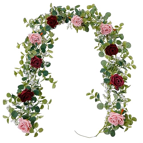 Anna&#x27;s Whimsy 5.91FT Artificial Eucalyptus Garland with Flowers, Fake Rose Gypsophila Garland, Faux Floral Garland Greenery Garland for Wedding Home Party Craft Art Table Runner Decor (Dusty Pink, 1)