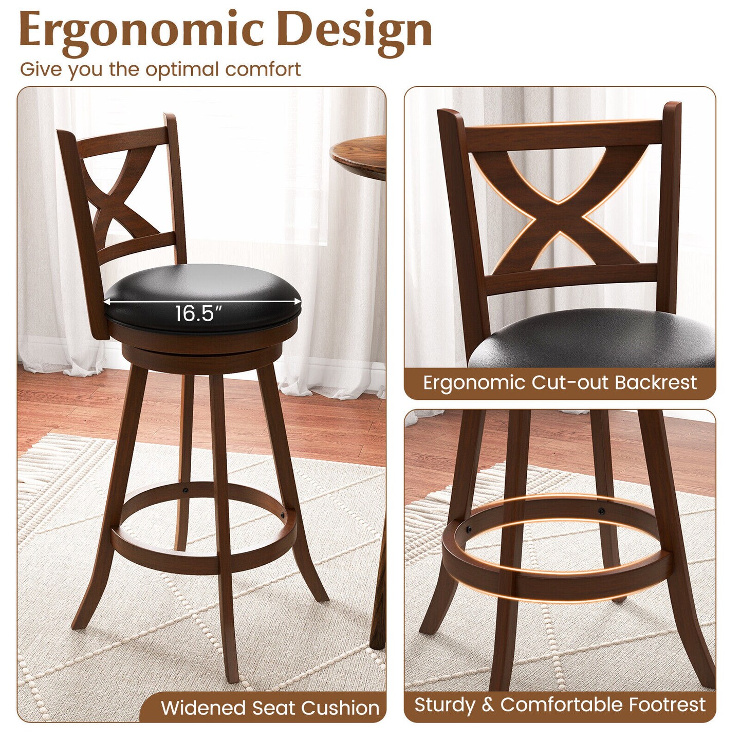 2 Pieces Classic Swivel Bar Stool Set with X-shaped Open Back