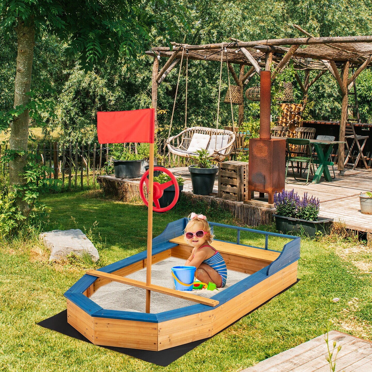Kids&#x27; Pirate Boat Sandbox with Flag and Rudder