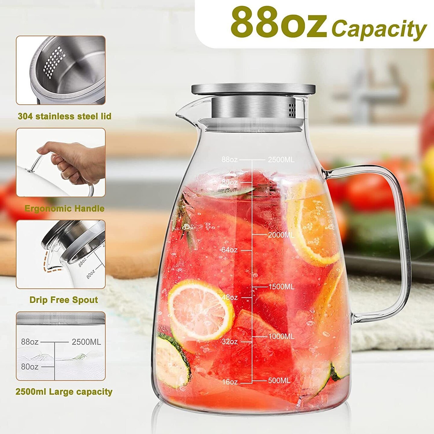 88 oz. Elegant Glass Pitcher with Lid