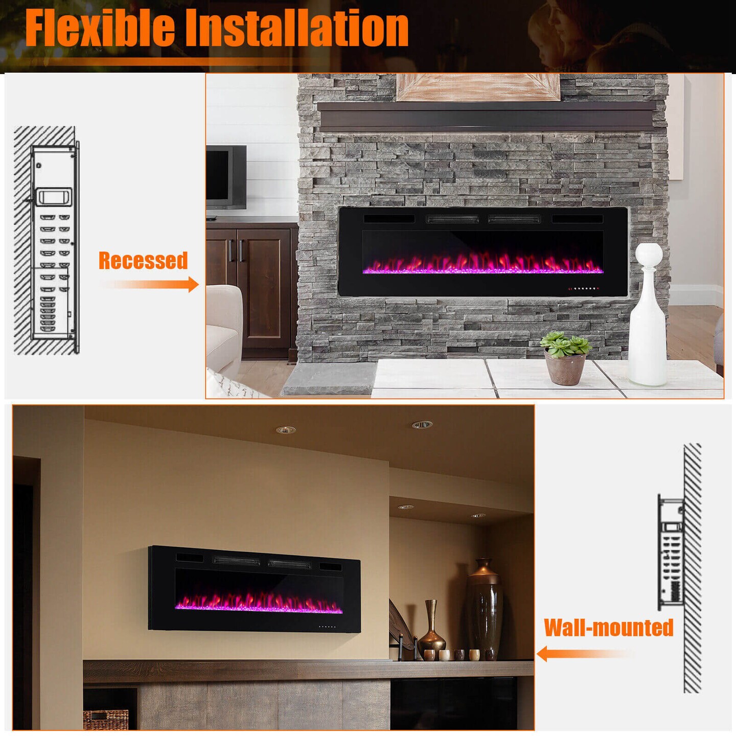 Ultra-Thin Electric Fireplace with Decorative Crystals and Smart APP Control