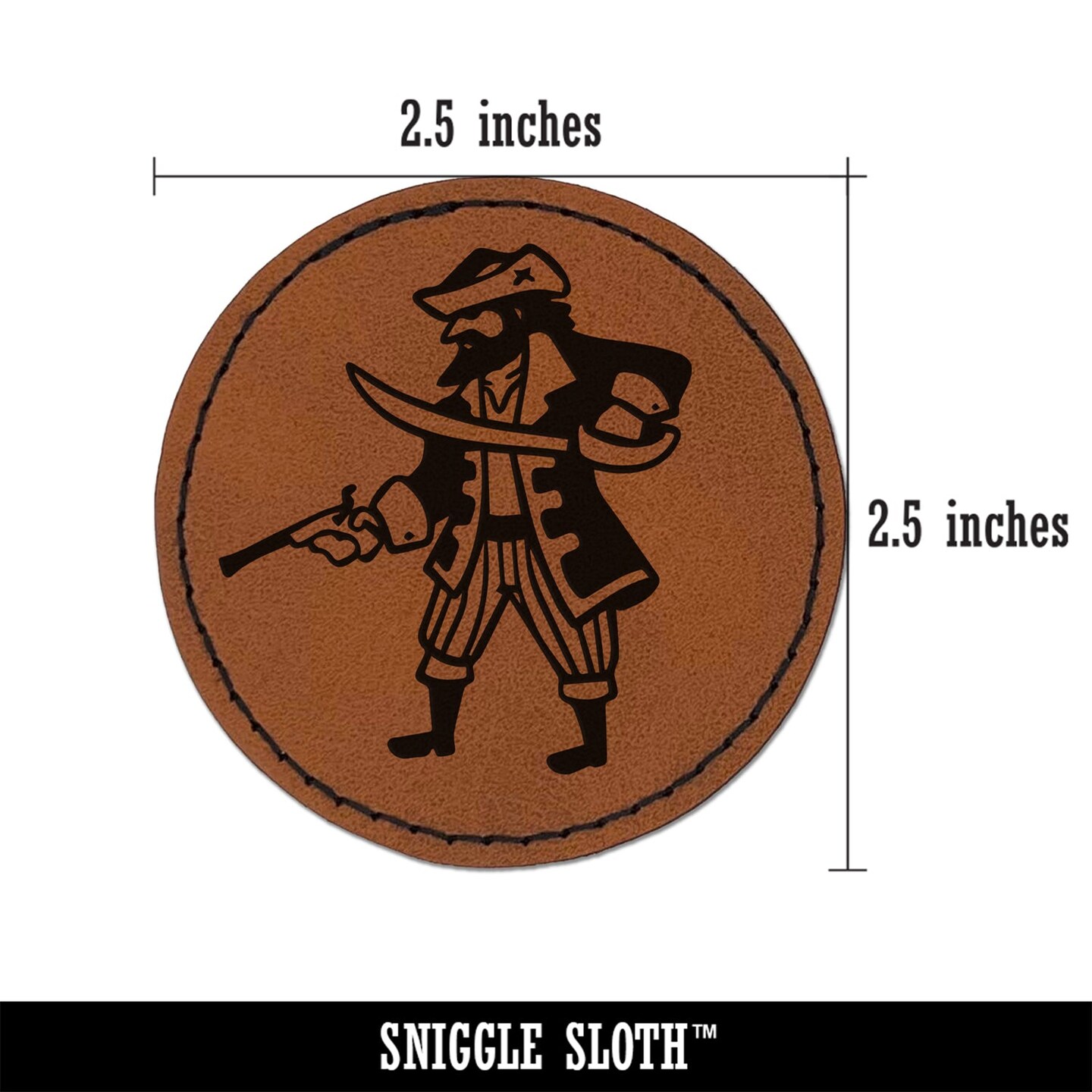 Pirate Cutlass Flintlock Pistol Round Iron-On Engraved Faux Leather Patch Applique - 2.5&#x22;
