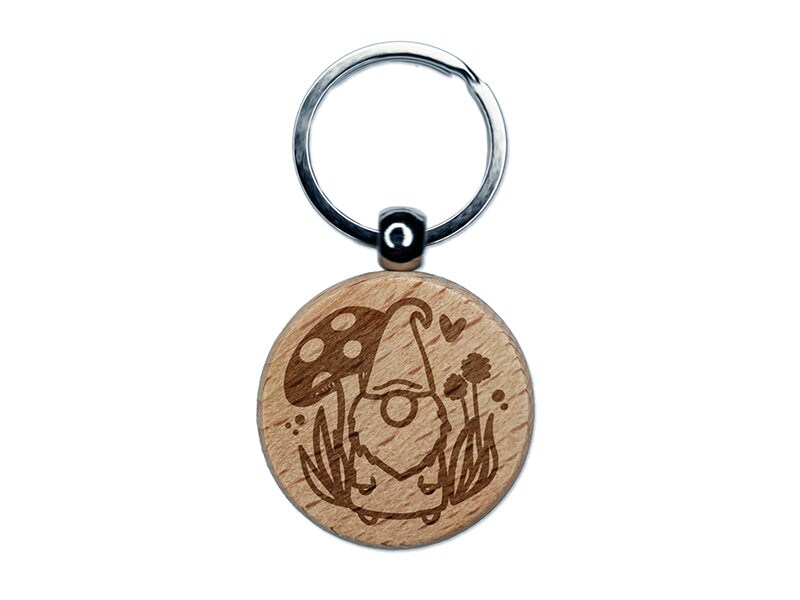 Enchanting Lovable Garden Gnome with Mushrooms Engraved Wood Round Keychain Tag Charm