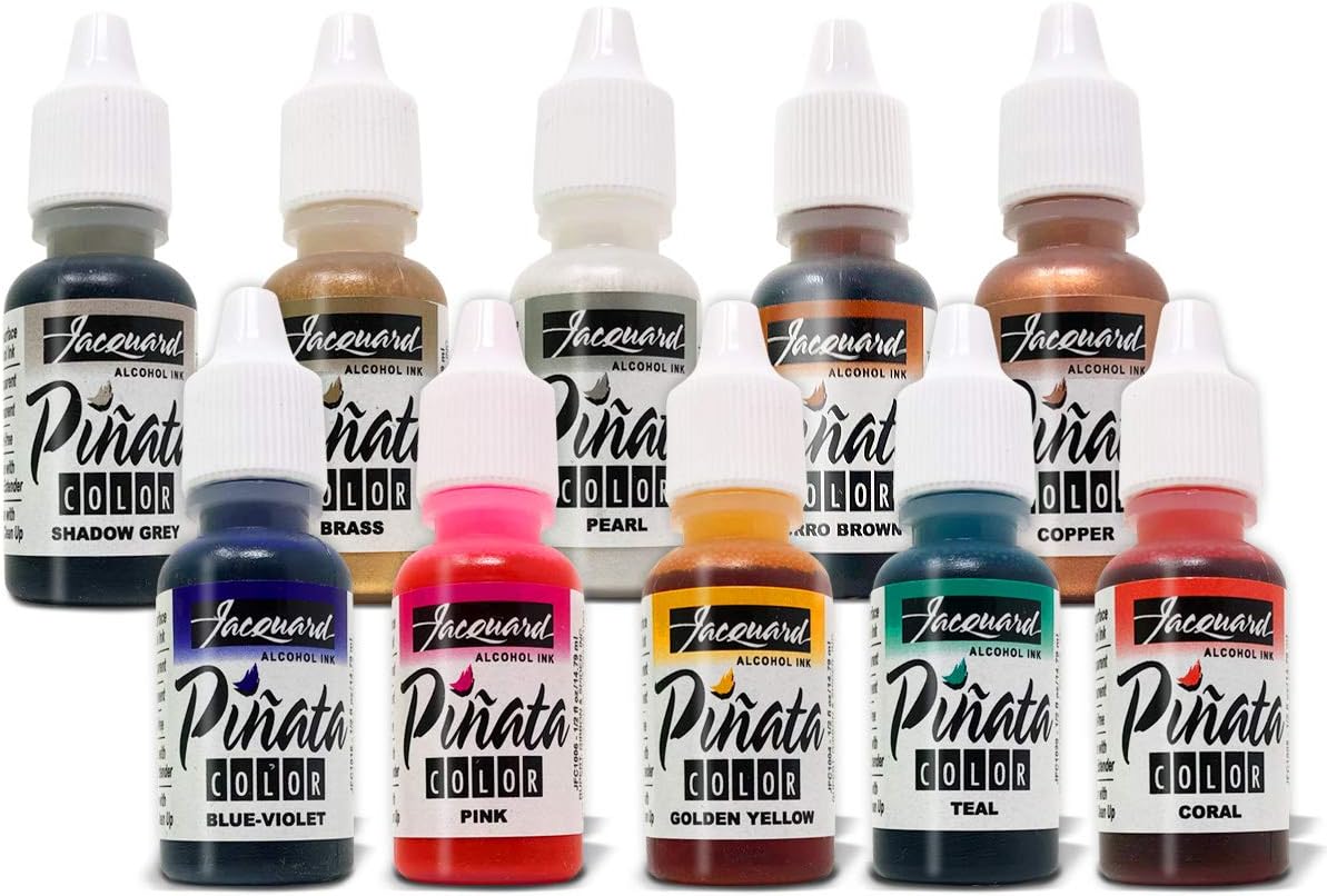 Jacquard Pinata 10 Color Bundle Alcohol Ink New 2019 Colors Golden Yellow, Pink, Coral, Blue Violet, Teal, Copper, Brass, Pearl, Shadow Grey, Burro Brown, with 10X Pixiss Blending Tools