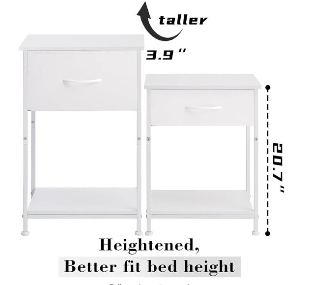White Leather Nightstand, 24.6&#x27;&#x27; Height Bedside Table End Table for Bedroom Nursery Living Room - Removable Fabric Drawer, Open Storage Shelf, Sturdy Steel Frame, Durable Wood Top