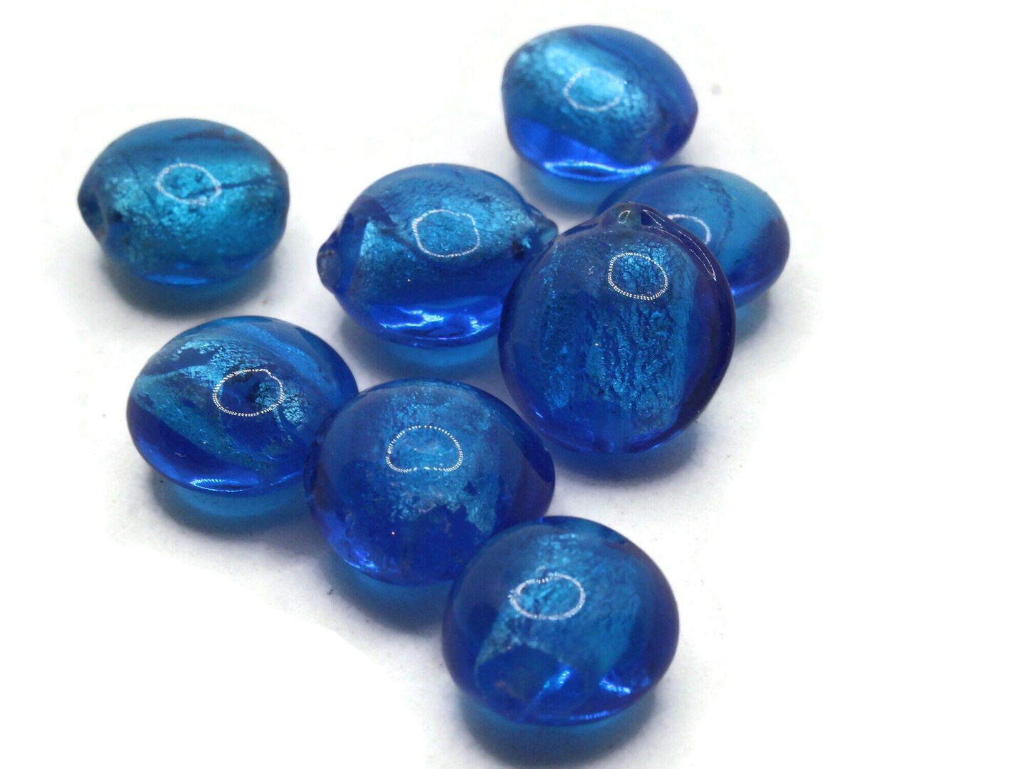 8 12mm Blue Lampwork Glass Puffed Coin Beads