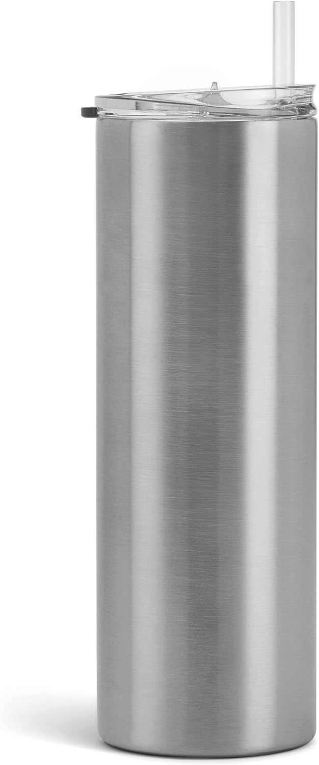 Makerflo 20 oz Skinny Stainless Steel Silver Tumbler with Lid &#x26; Straw | Craft-Ready for DIY Gifts &#x26; Personalization (Epoxy, UV DTF, Vinyl, and Laser Engraving) - Not for Sublimation