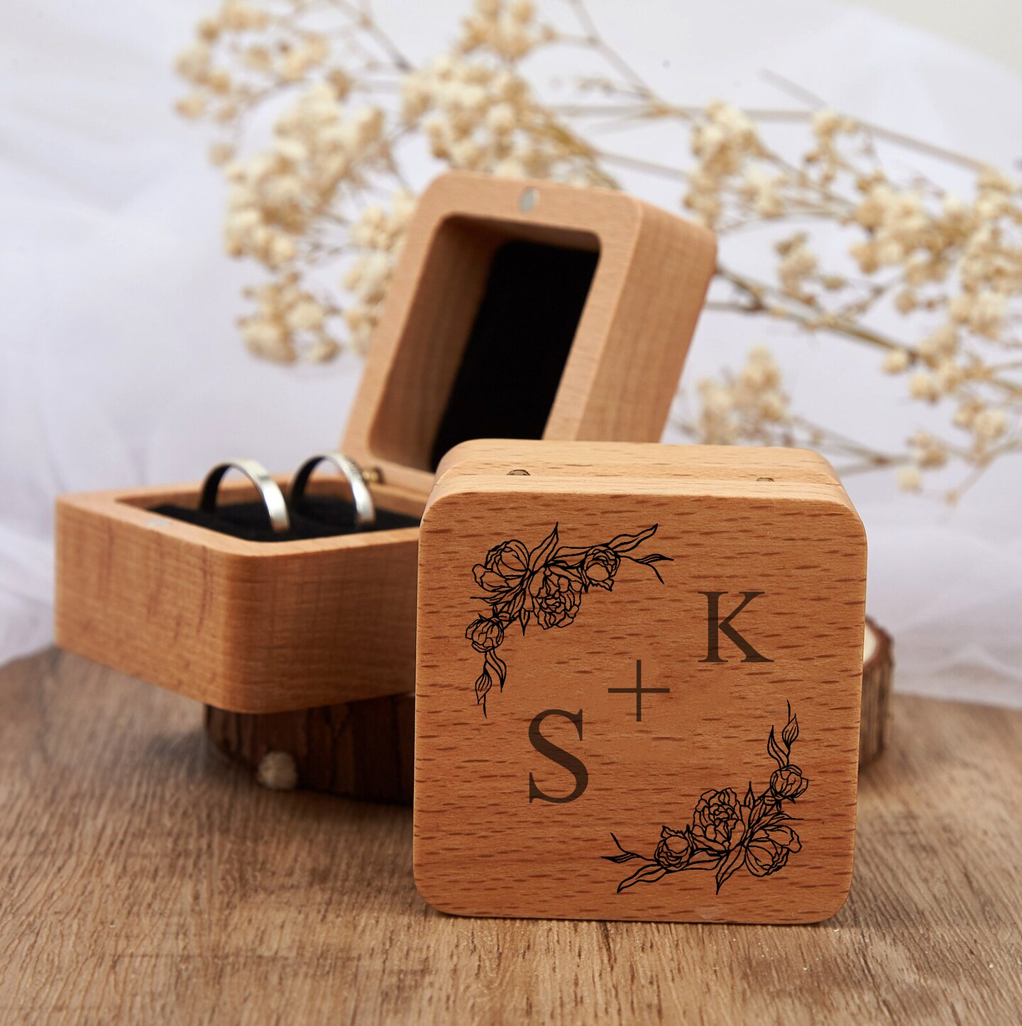 Wooden Wedding Ring Box with Antler Engraving