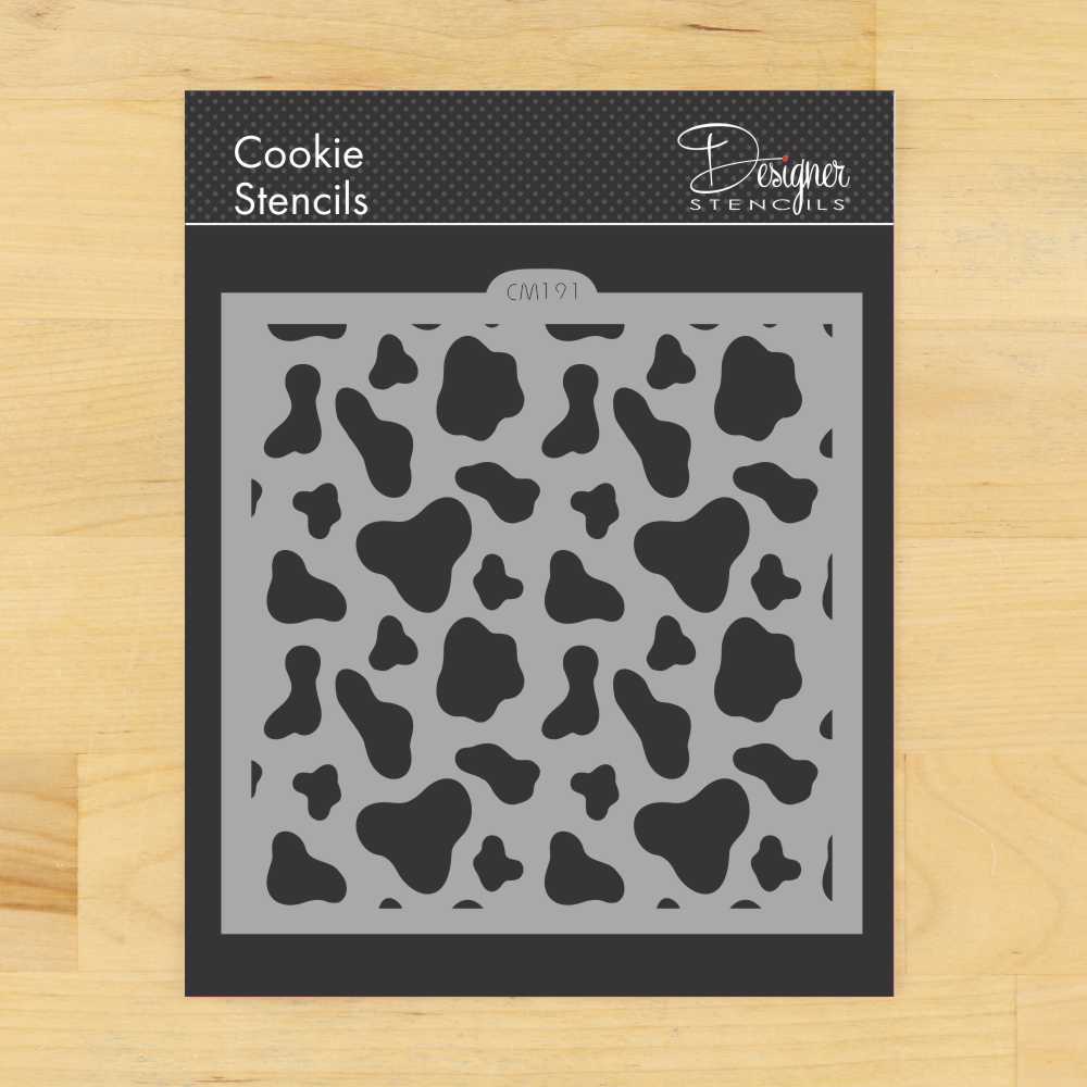 Cow Print Cookie and Craft Stencil | CM191 by Designer Stencils | Cookie Decorating Tools | Baking Stencils for Royal Icing, Airbrush, Dusting Powder | Craft Stencils for Canvas, Paper, Wood | Reusable Food Grade Stencil