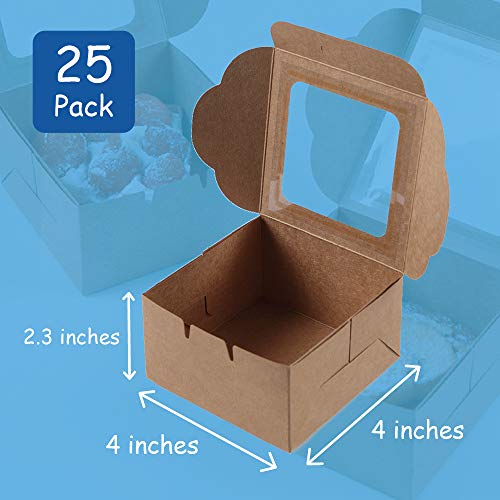 25-Pack Kraft Paper Bakery Boxes - Single Pastry Box 4-Inch, Packaging with Clear Display Window, Donut, Mini Cake, Pie Slice, Dessert Disposable Take-Out Container, Brown, 4 x 2.3 x 4 Inches