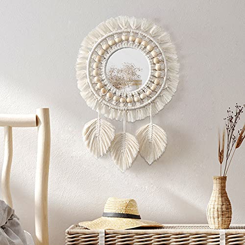 Dremisland Hanging Wall Mirror-Boho Macrame Fringe Round Decorative Mirror with Wood Beads Feather Pendant&#xFF0C;Art Ornament for Apartment Home Bedroom Living Room