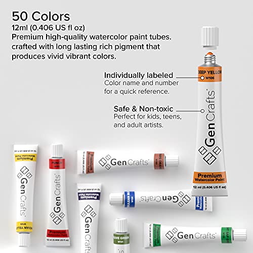 Watercolor Paint 50 Colors Set 12ml/ 0.4oz. - Quality Non Toxic Pigment Paints for Canvas, Fabric, Crafts, and More