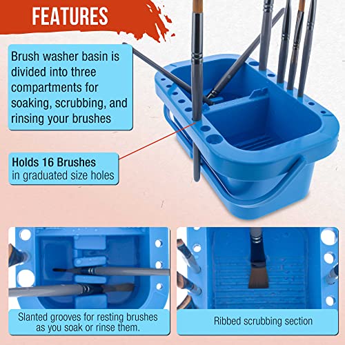 16 Hole Multi-Function Paint Brush Washer, Cleaner and Holder, 18 Palette Wells, Lid Plastic - Clean, Dry, Rest, Store, Hold Artist Brushes - Cleaning Acrylic, Watercolor, Oil Painting
