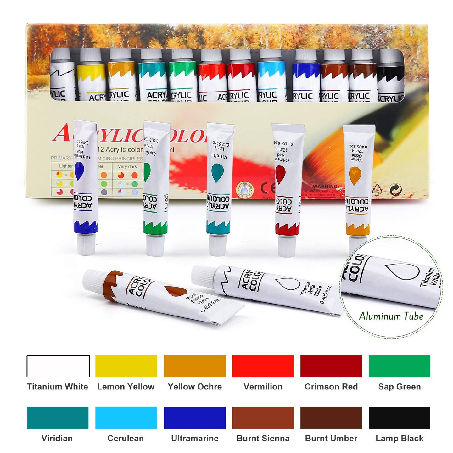 Acrylic Paint Set with Wooden Easel, 3 Canvas Panels, 30 Brushes, Paint Plates, and 12ml Acrylics in 12 Colors for Artists