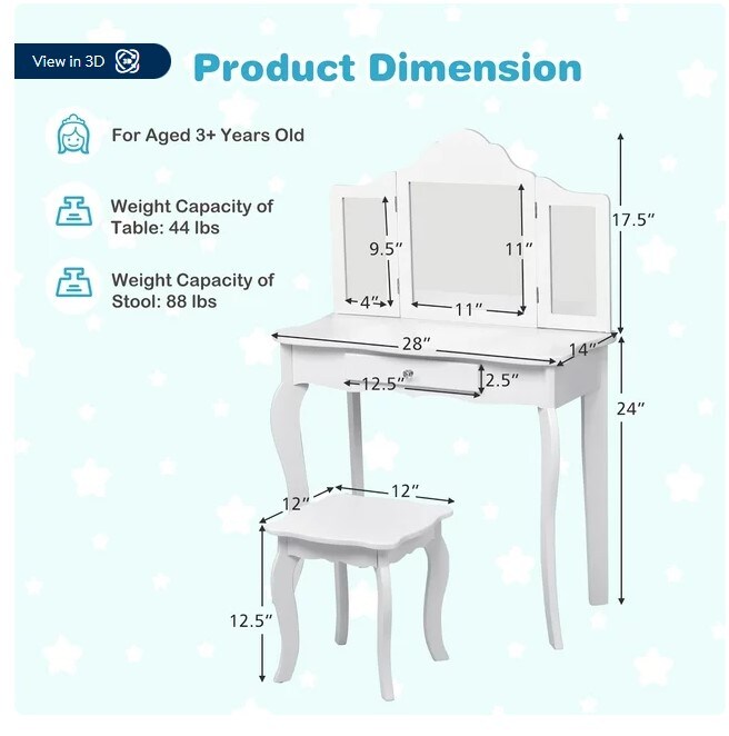 Makeup Dressing Table Kids Stool Mirror Vanity Table Set