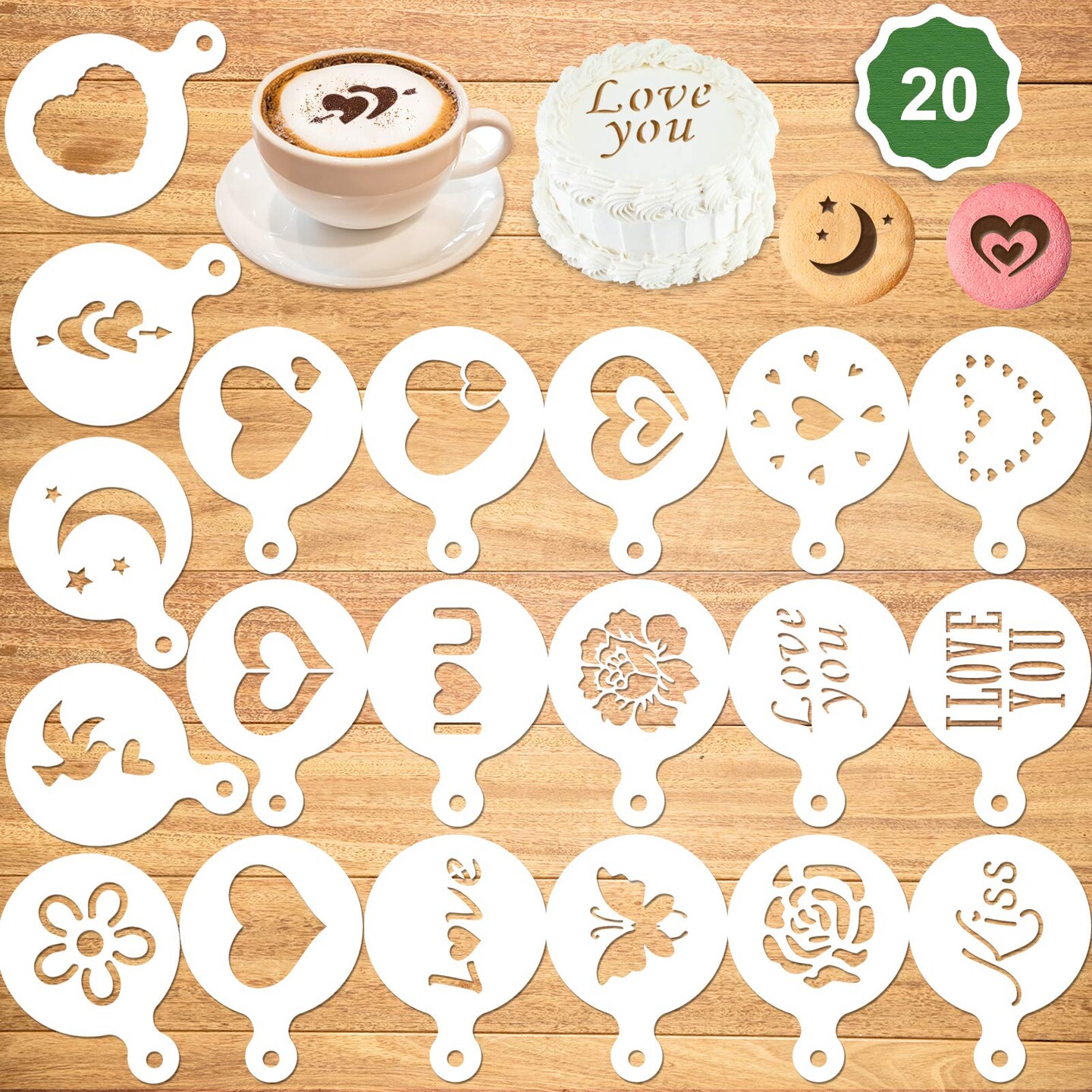 Konsait 20Pack Valentine&#x27;s Day Cake Stencil Templates Decoration, Reusable Valentine Day Cake Cookies Baking Painting Mold Tools, for Decorating Dessert Coffee Oatmeal Cappuccino Mousse Hot Chocolate