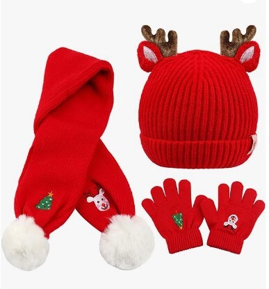 Winter Warm Set Xmas Tree Reindeer Hat Scarf Gloves for Toddler Boys Girls 1-8 Year Christmas Beanie Hat Scarf Gloves for Kids