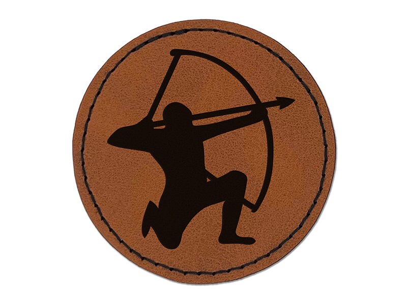 Archer Kneeling with Bow Drawn Archery Round Iron-On Engraved Faux Leather Patch Applique - 2.5&#x22;