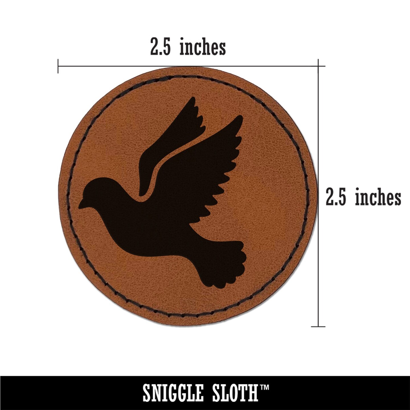 Dove Flying Silhouette Bird Round Iron-On Engraved Faux Leather Patch Applique - 2.5&#x22;