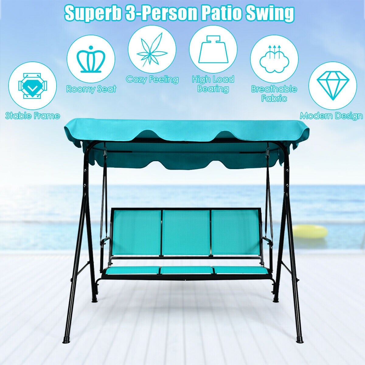 3 Person Patio Swing with Polyester Angle Adjustable Canopy