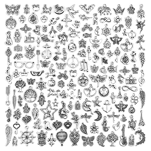 200 Pieces Wholesale Bulk Lots Jewelry Making Charms Mixed Smooth Tibetan Silver Metal Charms Pendants DIY for Necklace Bracelet Jewelry Making and Crafting