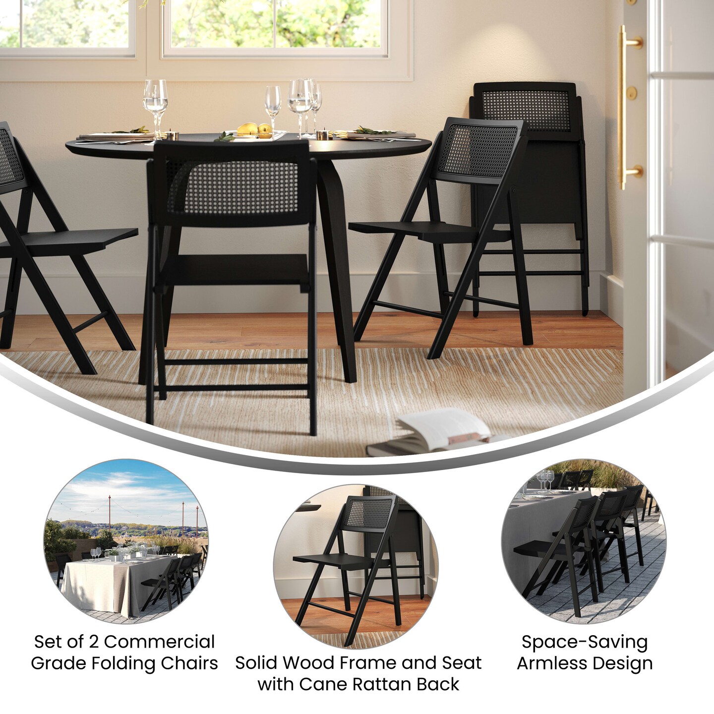 Merrick Lane Gordon Set of 2 Cane Rattan Folding Chairs