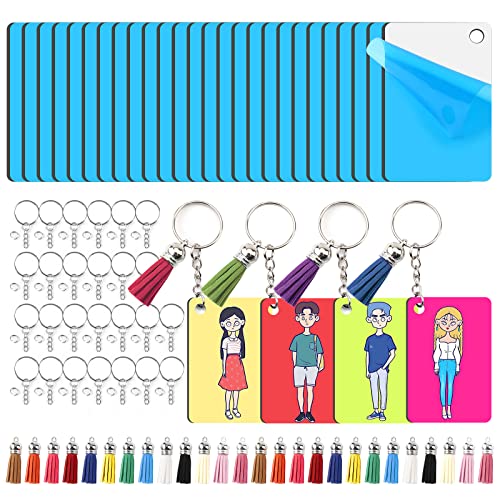 120 Pieces Sublimation Keychain Blanks Bulk - Sublimation Blanks Keychain with Blue Protective Film - MDF Rectangle Keychain with Tassels - Heat Transfer Keychain Blanks Double Sided