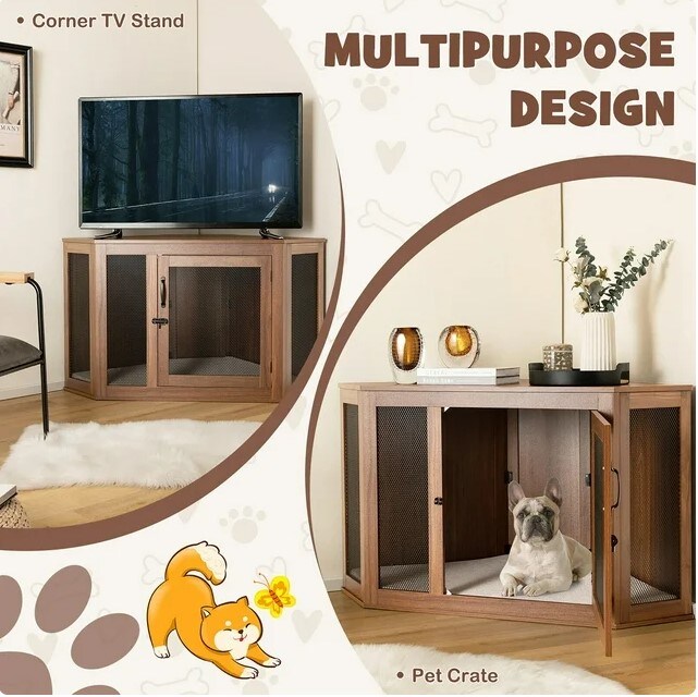 Wooden Corner Dog Crate Furniture Pet Kennel End Table Cage w/ Door &#x26; Mesh