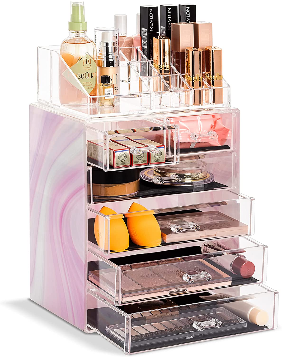 Sorbus 2 Piece Acrylic Makeup and Jewelry Storage Organizer Case (6 Drawers and Lipstick Tray)