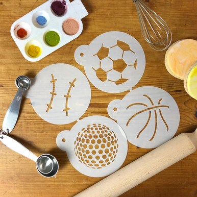 Large Sports Ball Cookie Stencils: Basketball, Golf, Soccer, Baseball | C218 by Designer Stencils | Cookie Decorating Tools | Baking Stencils for Royal Icing, Airbrush, Dusting Powder | Reusable Food Grade Stencil for Cookies | Easy to Use &#x26; Clean