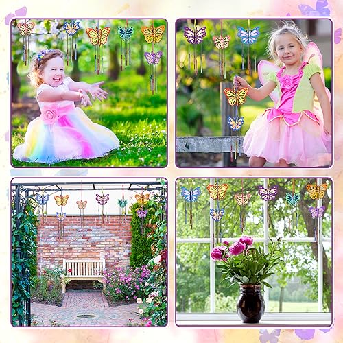 8 Pack 3D Butterfly Wind Chime Kit for Kids Make Your Own Butterfly Wind Chime Wooden Arts and Crafts for Kids Ornaments DIY to Paint Butterfly Craft for Spring Art Activity Birthday Party