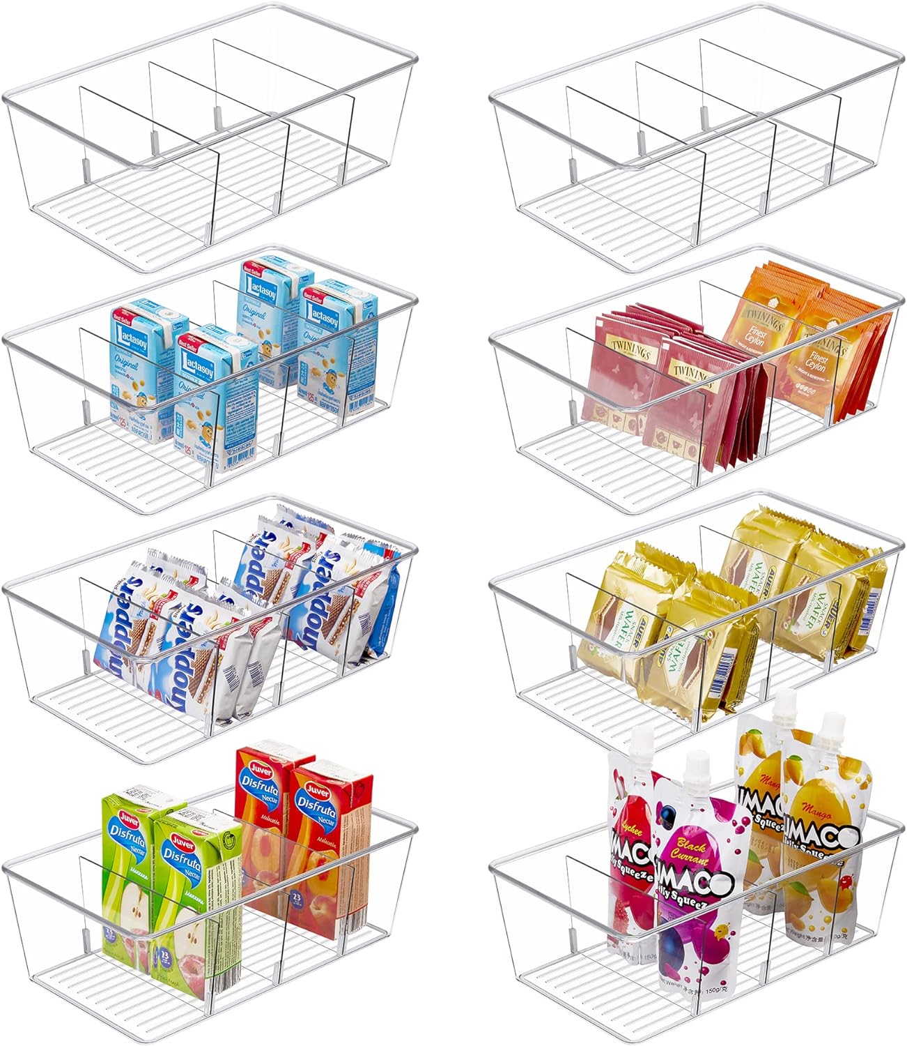8 Pack Food Storage Organizer Bins, Clear Plastic Bins for Pantry, Kitchen,  Fridge, Cabinet Organization and Storage, 4 Compartment Holder for Packets,  Snacks, Pouches, Spice Packets