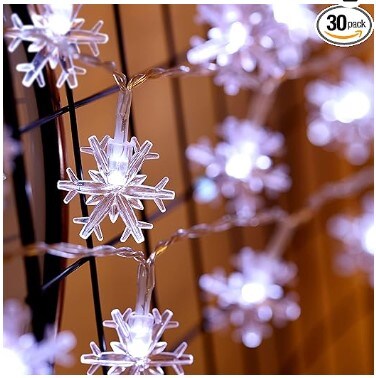 Christmas Snowflake String Lights, 10ft 30 LED, Battery Powered, 8 Modes, Remote and Timer Control, Indoor Outdoor Lighting Decoration for Christmas Snow Theme Parties