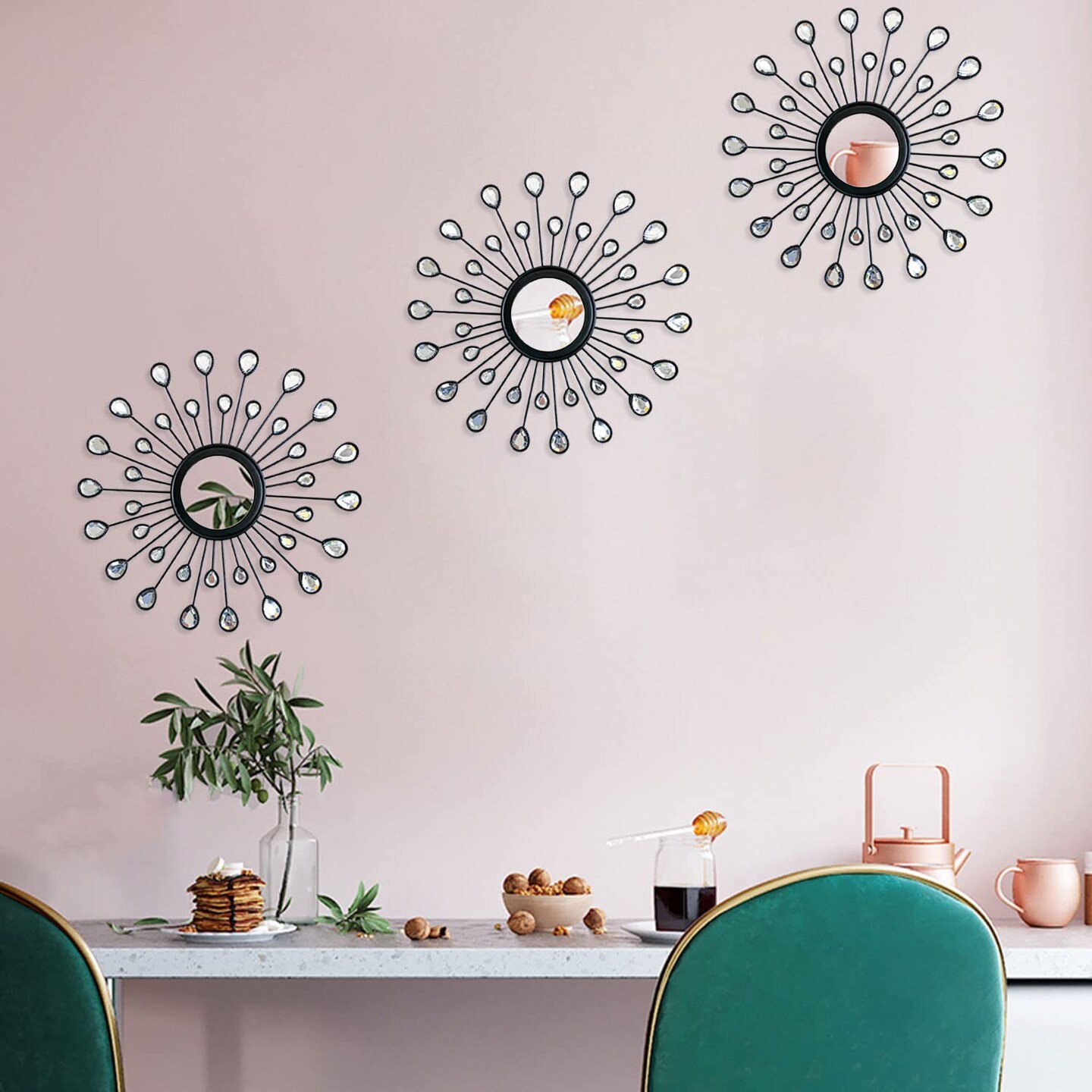 3 Pack Metal Wall Mirrors Rhinestones Starburst Mirror Set Bling Home Decorative Hanging Wall Art for Living Room Bedroom-Water-Drop Burst Black